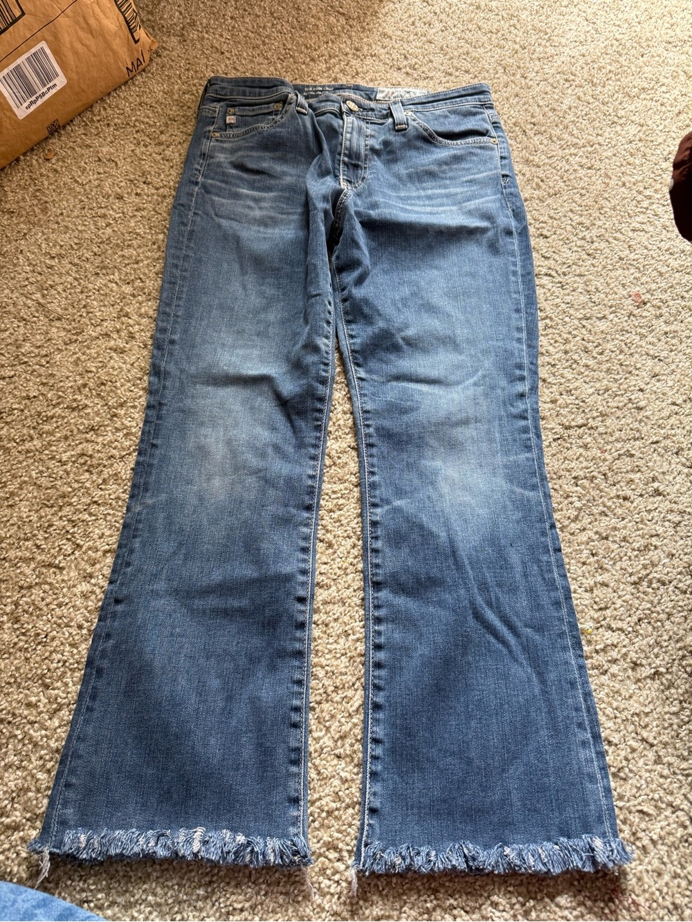 Ag Adriano Goldschmied Women's Blue Cropped Flare Jeans with Frayed Hem